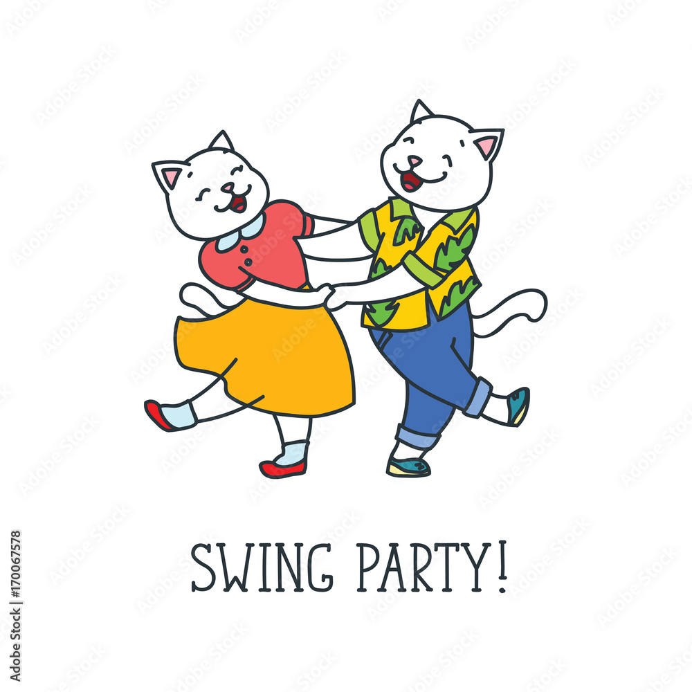 Swing party! Doodle vector illustration of dancing cat couple.