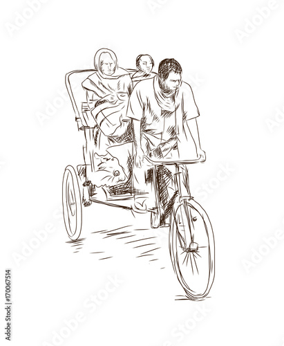 Hand drawn sketch of Auto Bicycle with man and passenger in vector.