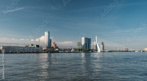 Rotterdam city cityscape skyline with Erasmus bridge and river. South Holland  Netherlands.