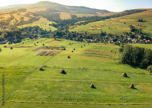 Carpathian aerial view on the mountains and far village at the summer 