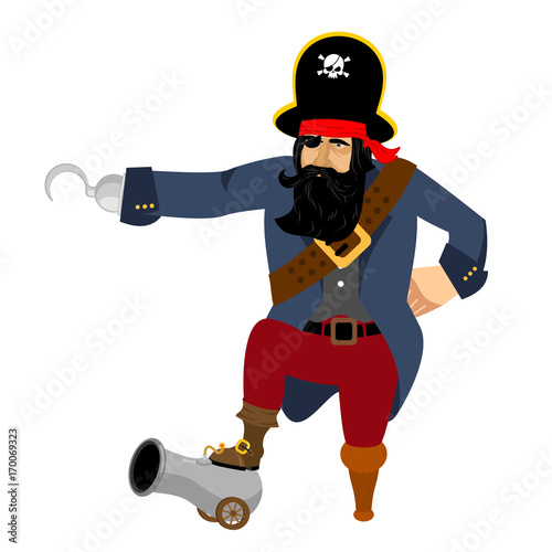 Pirate Hook and cannon. Eye patch and smoking pipe. filibuster cap. Bones and Skull. Head corsair black beard. buccaneer Wooden foot