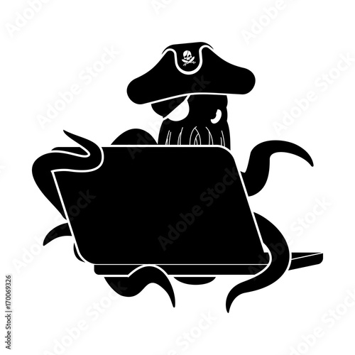 Web pirate Octopus and laptop. poulpe internet hacker and PC. devilfish buccaneer and computer. Eye patch and smoking pipe. pirates cap. Bones and Skull. See animal filibuster photo