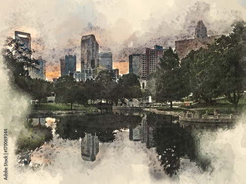 Watercolor mixed media illustration of the Charlotte, North Carolina skyline at sunset as seen from Marshall Park