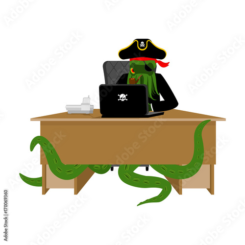 Web pirate Octopus and laptop. poulpe internet hacker and PC. devilfish buccaneer and computer. Eye patch and smoking pipe. pirates cap. Bones and Skull. See animal filibuster