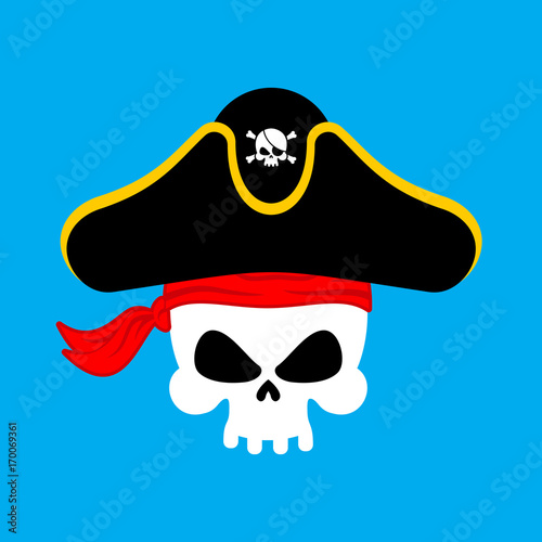 Skull Pirate portrait in hat. Eye patch. filibuster cap. skeleton corsair
