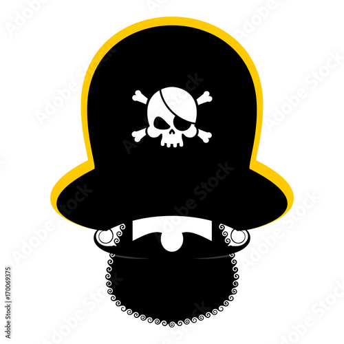 Pirate portrait in hat. Eye patch and smoking pipe. filibuster cap. Bones and Skull. Head corsair black beard.