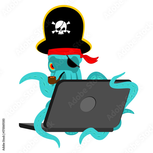 Web pirate Octopus and laptop. poulpe internet hacker and PC. devilfish buccaneer and computer. Eye patch and smoking pipe. pirates cap. Bones and Skull. See animal filibuster