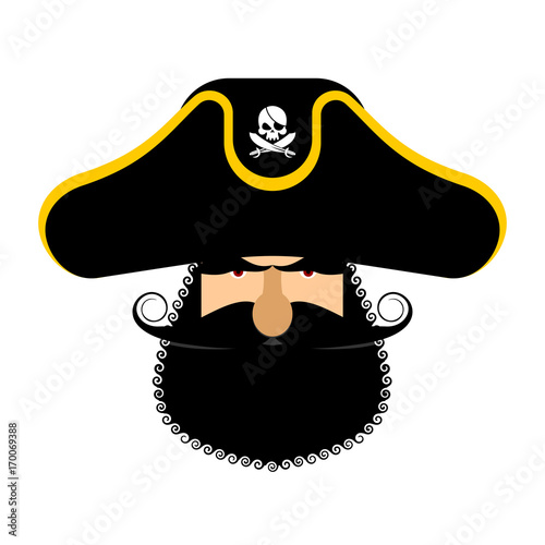 Pirate portrait in hat. Eye patch and smoking pipe. filibuster cap. Bones and Skull. Head corsair black beard.