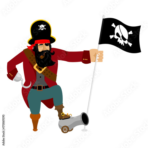 Pirate Hook and cannon. Eye patch and smoking pipe. filibuster cap. Bones and Skull. Head corsair black beard. buccaneer Wooden foot