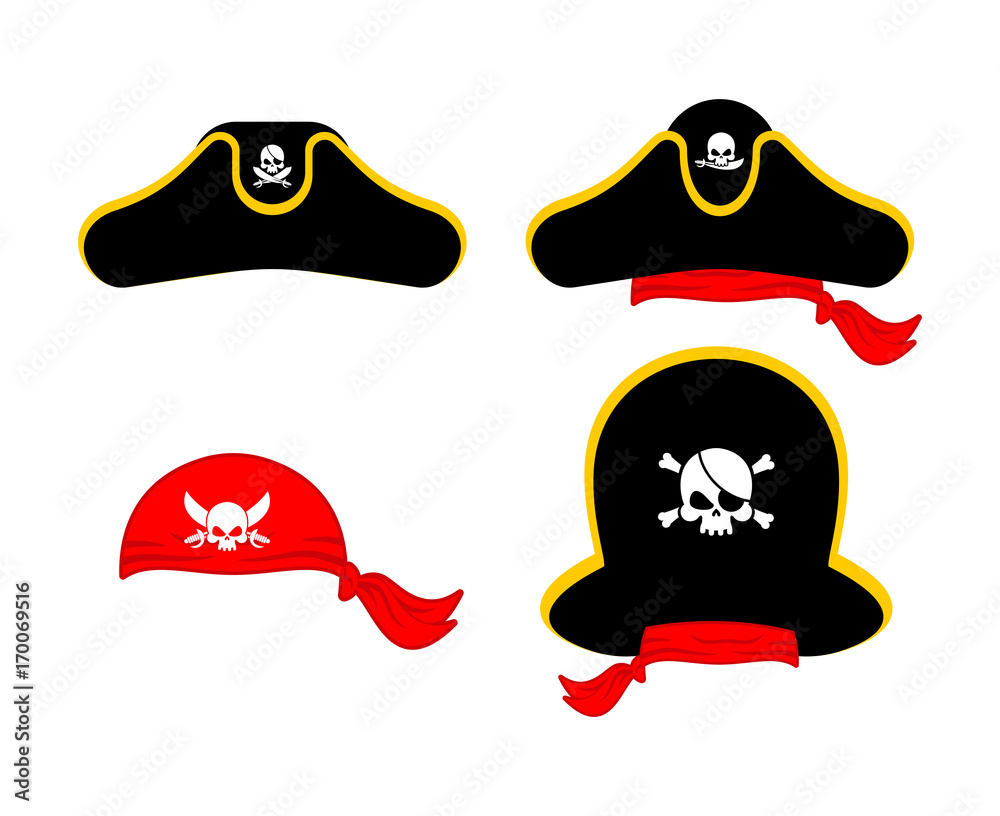 Pirates cap set. Hat buccaneer. Bones and skull. Corsair Accessory Pirates cap set. Hat buccaneer. Bones and skull. Corsair Accessory