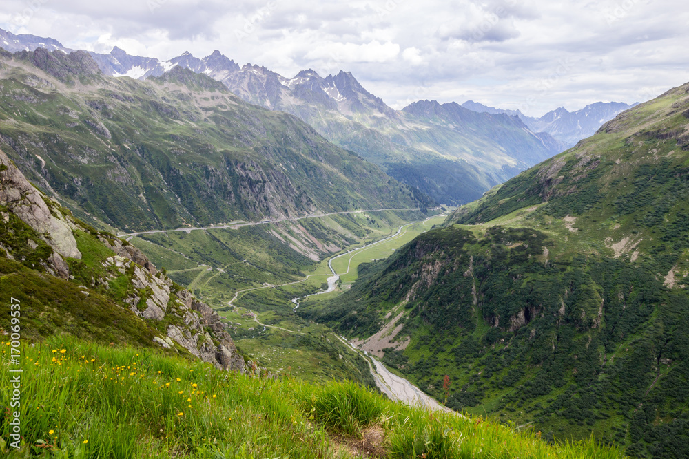 Susten road and glacier in Switzerland in Alps