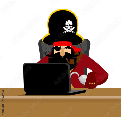 Web pirate and laptop. internet hacker and PC. buccaneer and computer. Eye patch and smoking pipe. pirates cap. Bones and Skull. See animal filibuster
