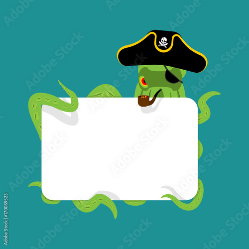 Octopus pirate and blank sign. poulpe buccaneer. Eye patch and smoking pipe. pirates cap. Bones and Skull. See animal filibuster