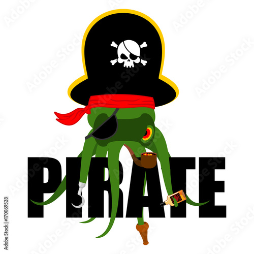 Octopus pirate. poulpe buccaneer. Eye patch and smoking pipe. pirates cap. Bones and Skull. See animal filibuster