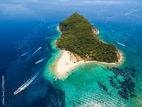 Aerial view of Marathonisi Island in Zakynthos (Zante) island, in Greece photo