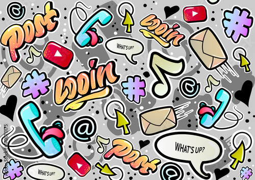 Graffiti texture with social media signs and other fun illustrations . Vector