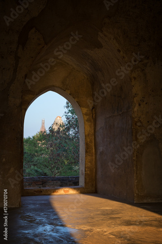 Doorway and view of an another temple from the Shwegugyi Temple in Bagan, Myanmar (Burma).