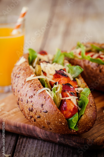 Barbecue Grilled Hot Dog With Cucumber, Cheese And Salad