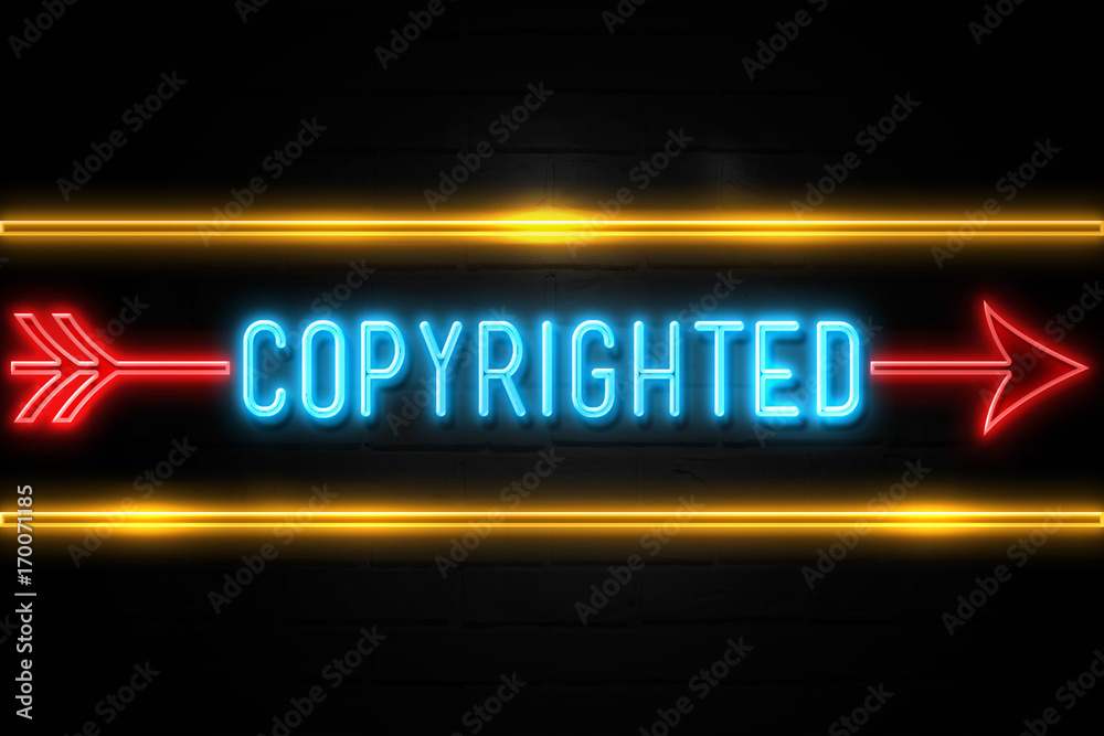 Copyrighted - fluorescent Neon Sign on brickwall Front view Copyrighted - fluorescent Neon Sign on brickwall Front view