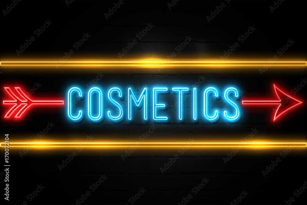 Cosmetics - fluorescent Neon Sign on brickwall Front view Cosmetics - fluorescent Neon Sign on brickwall Front view