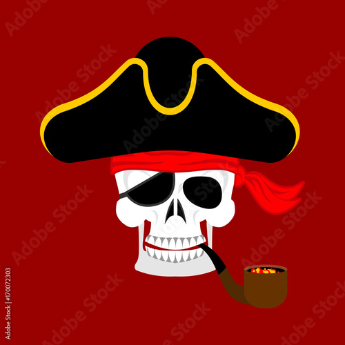 Skull Pirate portrait in hat. Eye patch. filibuster cap. skeleton corsair