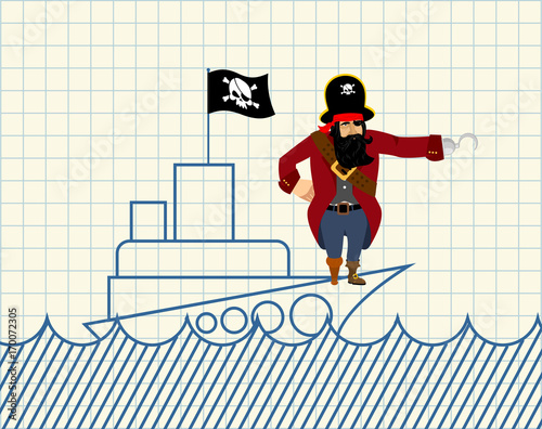 Pirate on ship. Painted ship and buccaneer. Scary filibuster with hook. Notebook