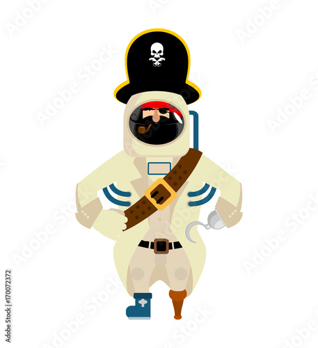 Space pirate. filibuster spaceman. buccaneer Cosmonaut in protective suit. rover astronaut in helmet. Eye patch and smoking pipe. pirates cap. Bones and Skull