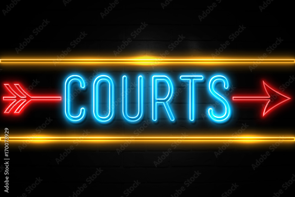 Courts - fluorescent Neon Sign on brickwall Front view Courts - fluorescent Neon Sign on brickwall Front view