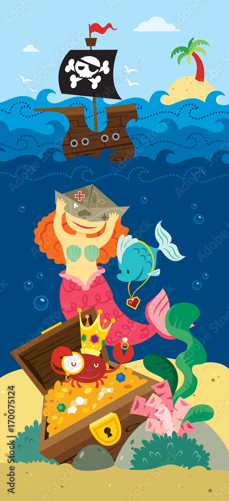 Naklejka premium Mermaid, boat and treasure
