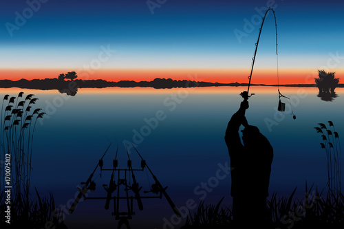 Silhouette of fisherman in action. Carp feeder fishing vector.