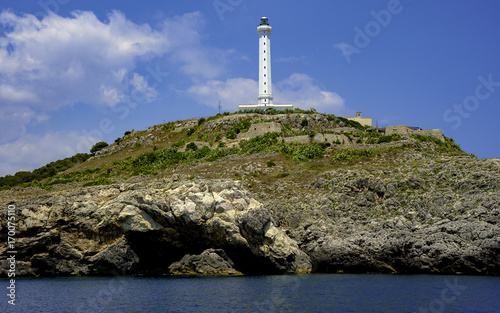 View from the sea the white lighthouse of Santa Maria di Leuca, Apulia - Italy © peuceta