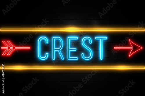 Crest - fluorescent Neon Sign on brickwall Front view