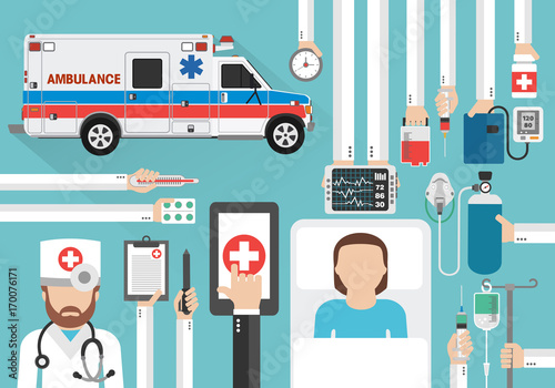 Online call medical design flat with doctor ,patient and ambulance car.Vector illustration