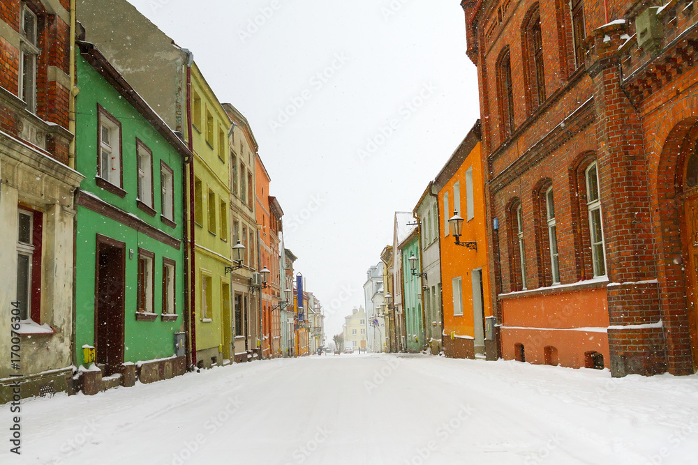 Polish street at winter time in Gniew