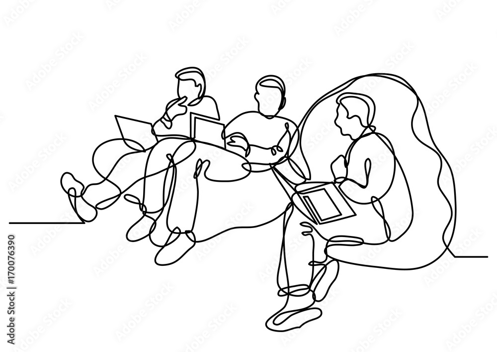 Fototapeta premium continuous line drawing of programmers with laptops sitting on bean bags