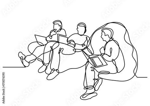 continuous line drawing of programmers with laptops sitting on bean bags