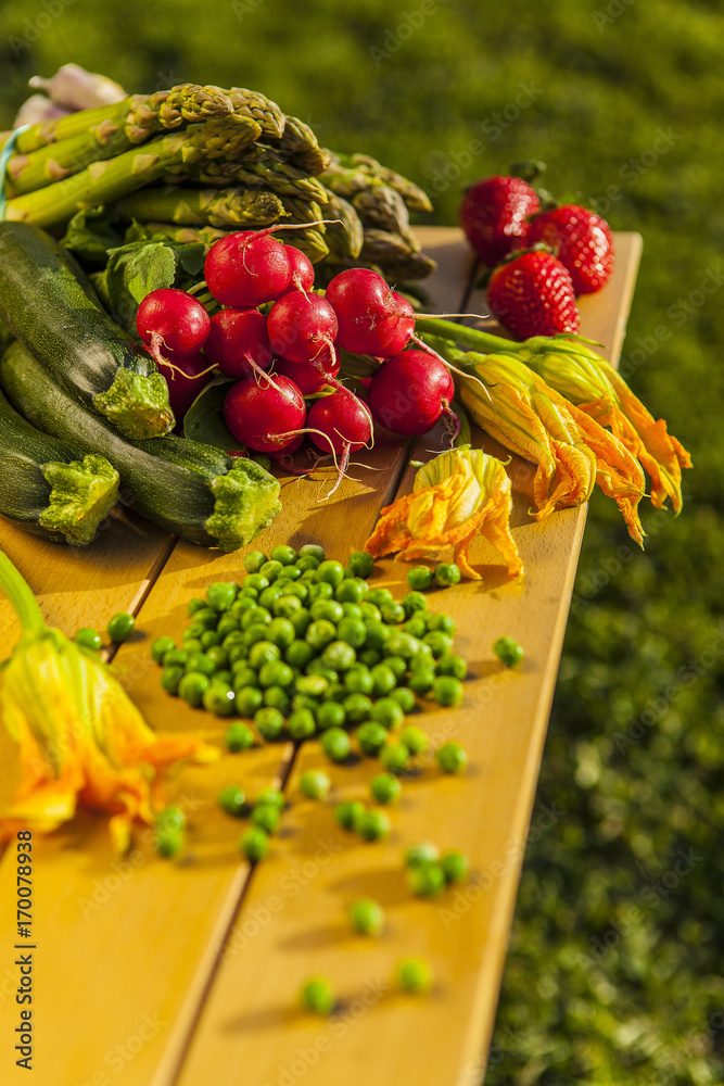 mix of vegetables on wooden table for garden lunch