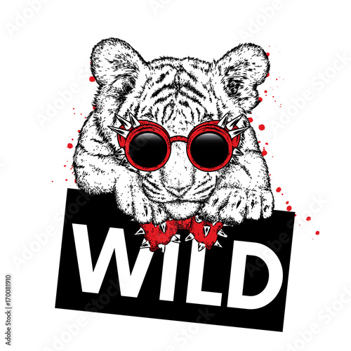 Fototapeta Naklejka Na Ścianę i Meble -  A beautiful tiger cub with glasses and a tie. Vector illustration for a postcard or a poster, print for clothes and accessories. Wild tiger with a sign. Fashion & Style.