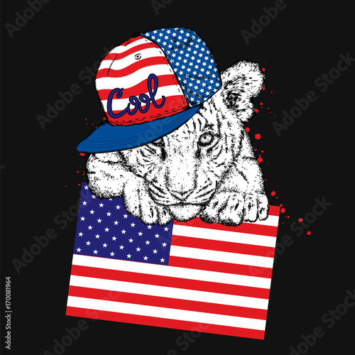 Fototapeta Naklejka Na Ścianę i Meble -  A beautiful tiger cub with glasses and a cap. Vector illustration for a postcard or a poster, print for clothes and accessories. Wild tiger. Fashion & Style. American flag. The Patriot of the USA.