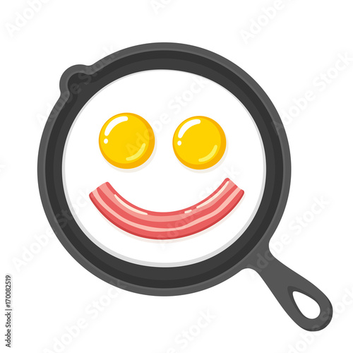Smiling fried eggs and bacon in skillet