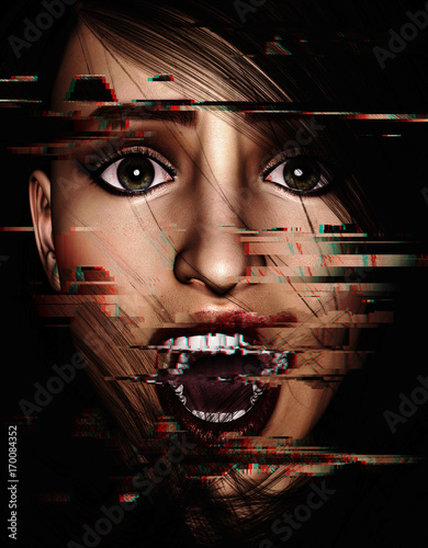 Photography 3d illustration of woman screaming in the dark with glitch effect,Horror movie c