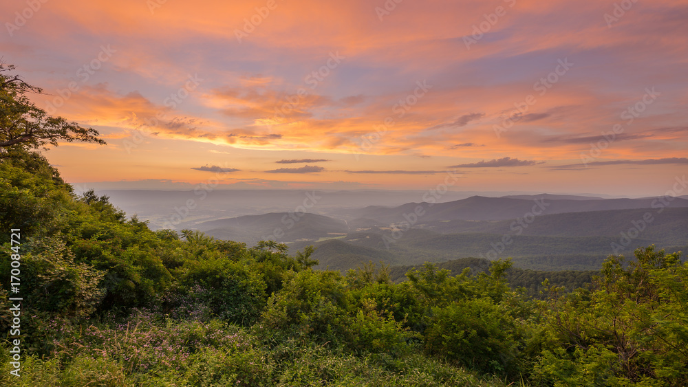 Vivid sunset from Jewell Hollow Overlook in Shenandoah National Park