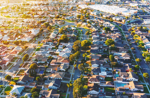 Aerial view of of a residential neighborhood in Hawthorne, in Los Angeles, CA photo