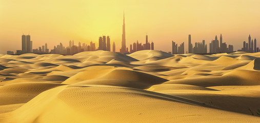 Wandcirkels Dubai Dubai skyline boven woestijn bij zonsondergang  © WaitforLight