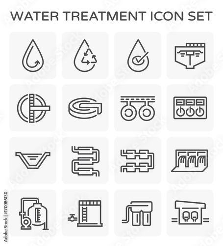 Water treatment icon and process, That removes contaminants and undesirable components to improves the quality of water appropriate for end-use such as drinking or water supply, Vector icon design.