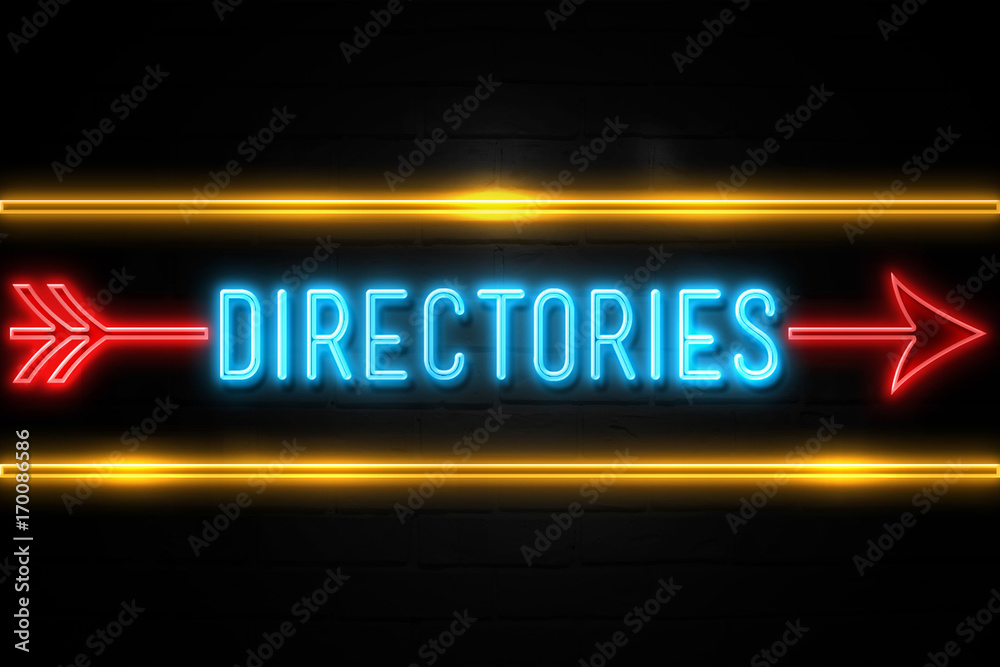 Directories  - fluorescent Neon Sign on brickwall Front view