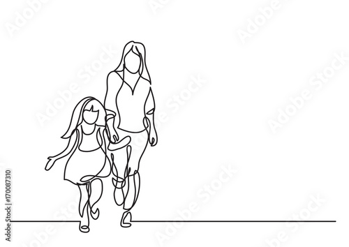 one line drawing of mother and daughter walking together