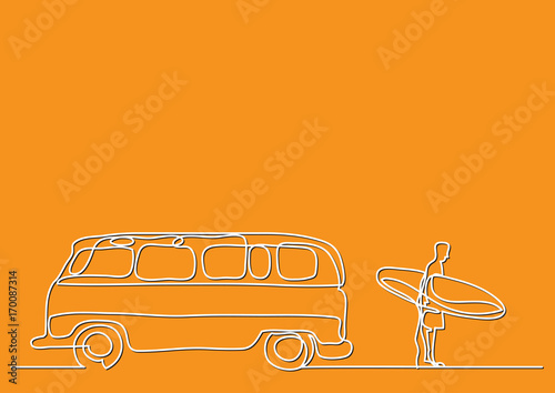 one line drawing of van and man with surfboard on beach