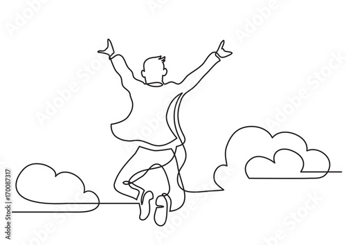 one line drawing of happy man jumping higher clouds