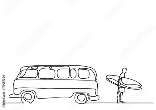 one line drawing of van and man with surfboard on beach